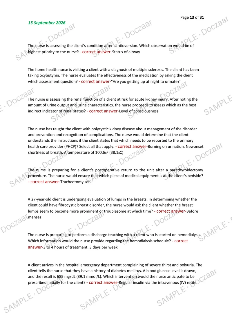 Preview page 13 of WGU D446 ADULT HEALTH 2 OA EXAM 2026/2027 | 280 HIGH-YIELD QUESTIONS & VERIFIED ANSWERS | LATEST TESTBANK | RECENT & MOS