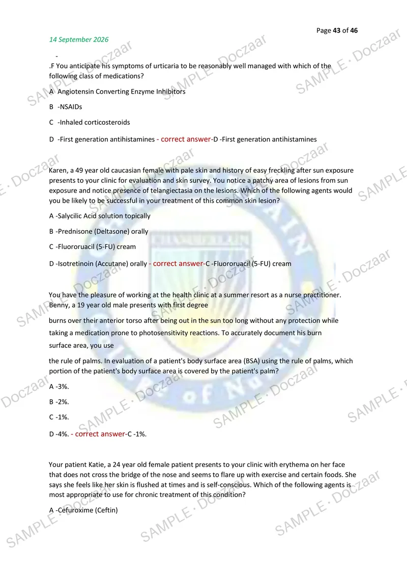Preview page 43 of NR511 CEA EXAM 2026/2027 | 150 HIGH-YIELD QUESTIONS & VERIFIED ANSWERS | LATEST TEST PREP | RECENT & MOST TESTED TOPICS