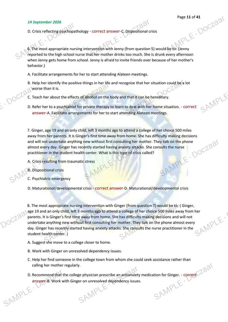 Preview page 11 of NR326 MENTAL HEALTH EXAM 2 2026/2027 | 150 HIGH-YIELD QUESTIONS & VERIFIED ANSWERS | LATEST TEST PREP | RECENT & MOST TE