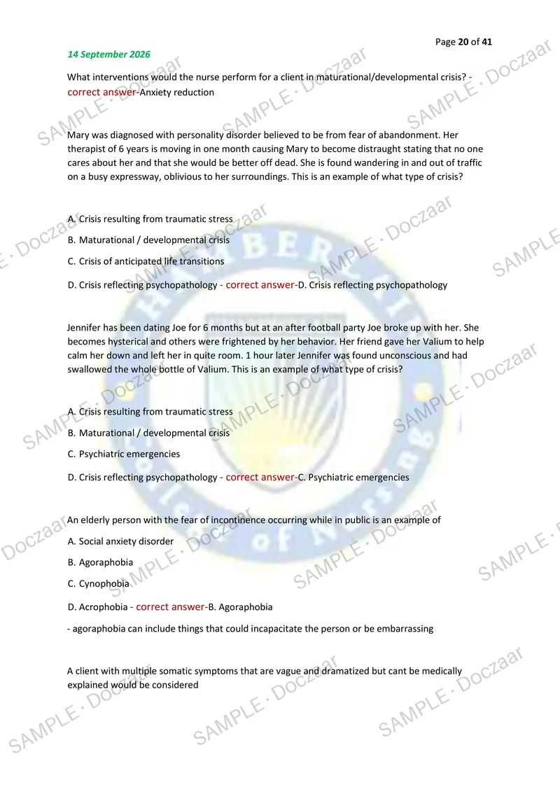 Preview page 20 of NR326 MENTAL HEALTH EXAM 2 2026/2027 | 150 HIGH-YIELD QUESTIONS & VERIFIED ANSWERS | LATEST TEST PREP | RECENT & MOST TE