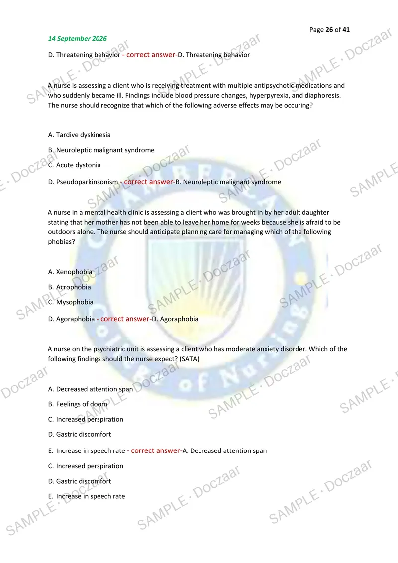 Preview page 26 of NR326 MENTAL HEALTH EXAM 2 2026/2027 | 150 HIGH-YIELD QUESTIONS & VERIFIED ANSWERS | LATEST TEST PREP | RECENT & MOST TE