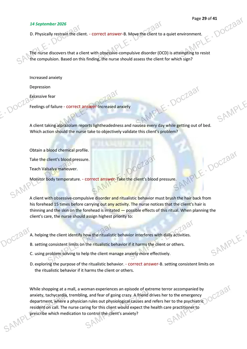 Preview page 29 of NR326 MENTAL HEALTH EXAM 2 2026/2027 | 150 HIGH-YIELD QUESTIONS & VERIFIED ANSWERS | LATEST TEST PREP | RECENT & MOST TE
