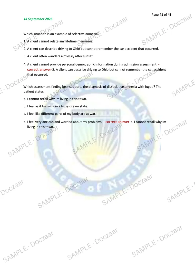 Preview page 41 of NR326 MENTAL HEALTH EXAM 2 2026/2027 | 150 HIGH-YIELD QUESTIONS & VERIFIED ANSWERS | LATEST TEST PREP | RECENT & MOST TE