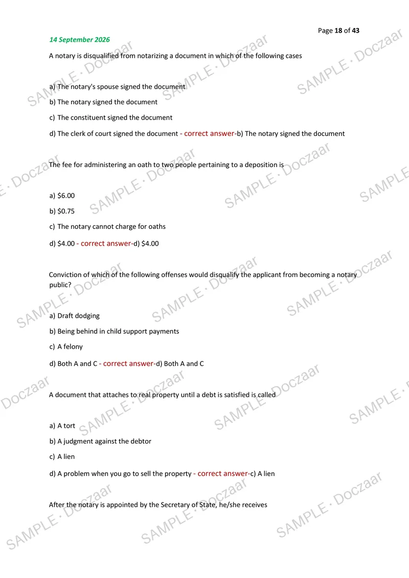 Preview page 18 of NOTARY EXAM 2026/2027 | 180 HIGH-YIELD QUESTIONS & VERIFIED ANSWERS | LATEST TEST PREP | RECENT & MOST TESTED TOPICS | A