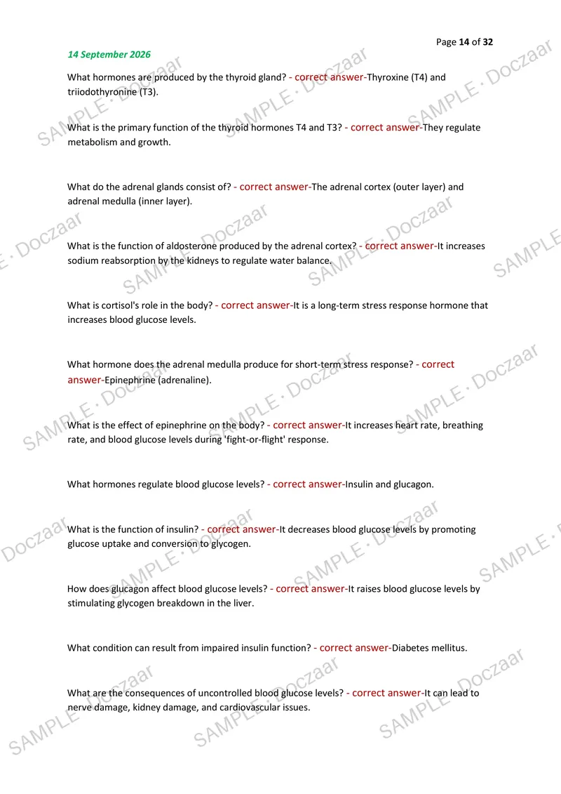 Preview page 14 of BIOLOGY CELL SIGNALING, HORMONES & NERVOUS SYSTEM EXAM 2026/2027 | 350 HIGH-YIELD QUESTIONS & VERIFIED ANSWERS | LATEST