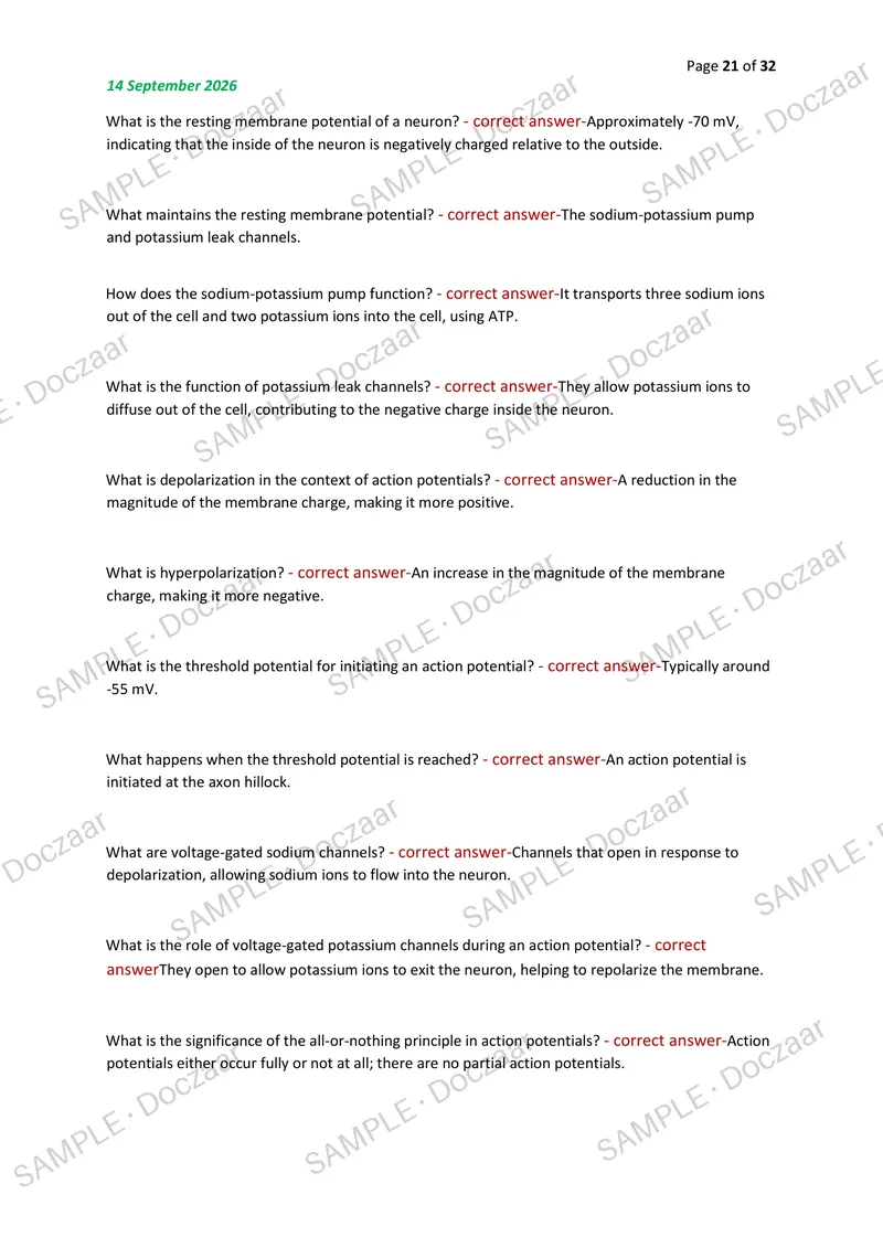 Preview page 21 of BIOLOGY CELL SIGNALING, HORMONES & NERVOUS SYSTEM EXAM 2026/2027 | 350 HIGH-YIELD QUESTIONS & VERIFIED ANSWERS | LATEST