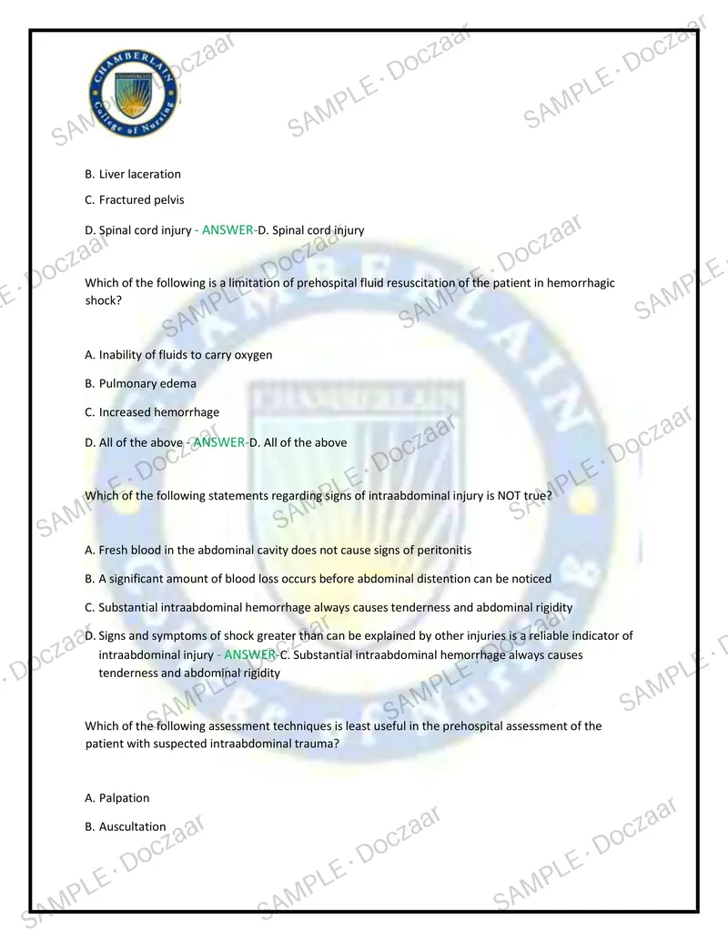 Preview page 10 of BARKLEY PRE AND POST Chamberlain NEWEST  TEST EXAM 100 COMPREHENSIVE QUESTIONS  /FREQUENTLY MOST TESTED QUESTIONS AND VE