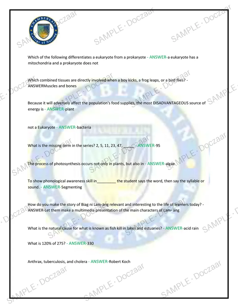 Preview page 32 of BARKLEY PRE AND POST Chamberlain NEWEST  TEST EXAM 100 COMPREHENSIVE QUESTIONS  /FREQUENTLY MOST TESTED QUESTIONS AND VE