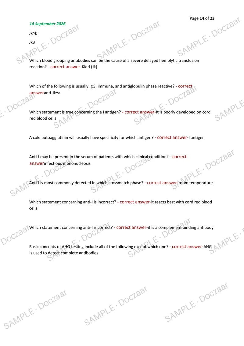 Preview page 14 of MT AAB IMMUNOHEMATOLOGY EXAM 2026/2027 | 220 HIGH-YIELD QUESTIONS & VERIFIED ANSWERS | LATEST TEST PREP | RECENT & MOST