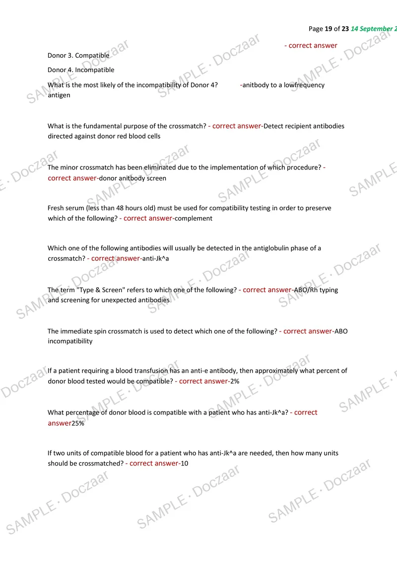 Preview page 19 of MT AAB IMMUNOHEMATOLOGY EXAM 2026/2027 | 220 HIGH-YIELD QUESTIONS & VERIFIED ANSWERS | LATEST TEST PREP | RECENT & MOST
