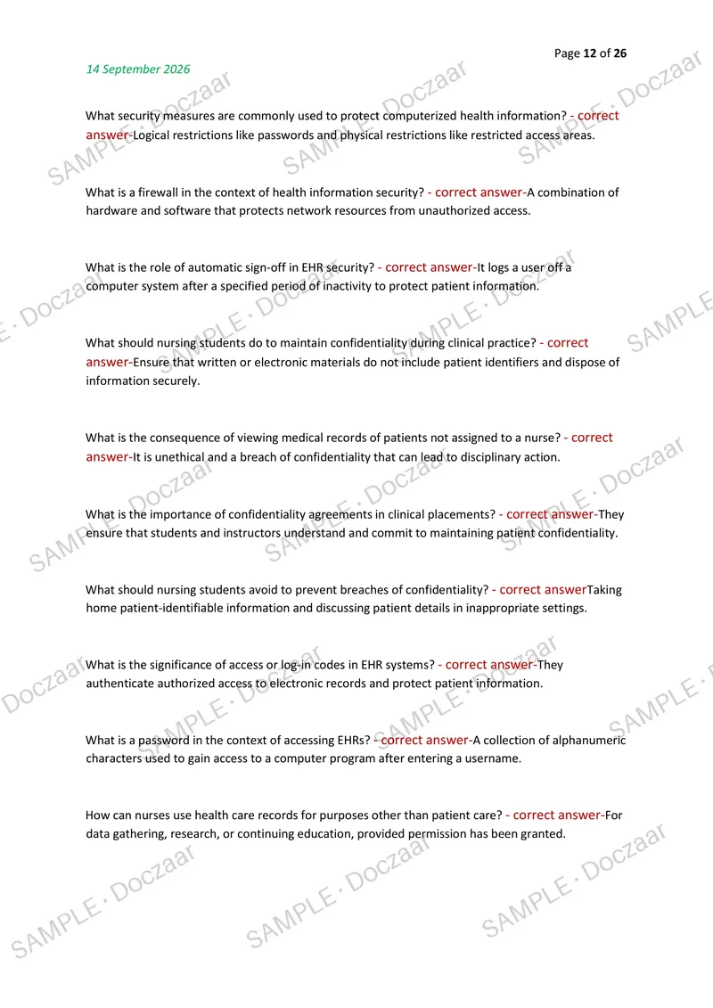 Preview page 12 of NURSING DOCUMENTATION & REPORTING EXAM 2026/2027 | 300 HIGH-YIELD QUESTIONS & VERIFIED ANSWERS | LATEST TEST PREP | RECE