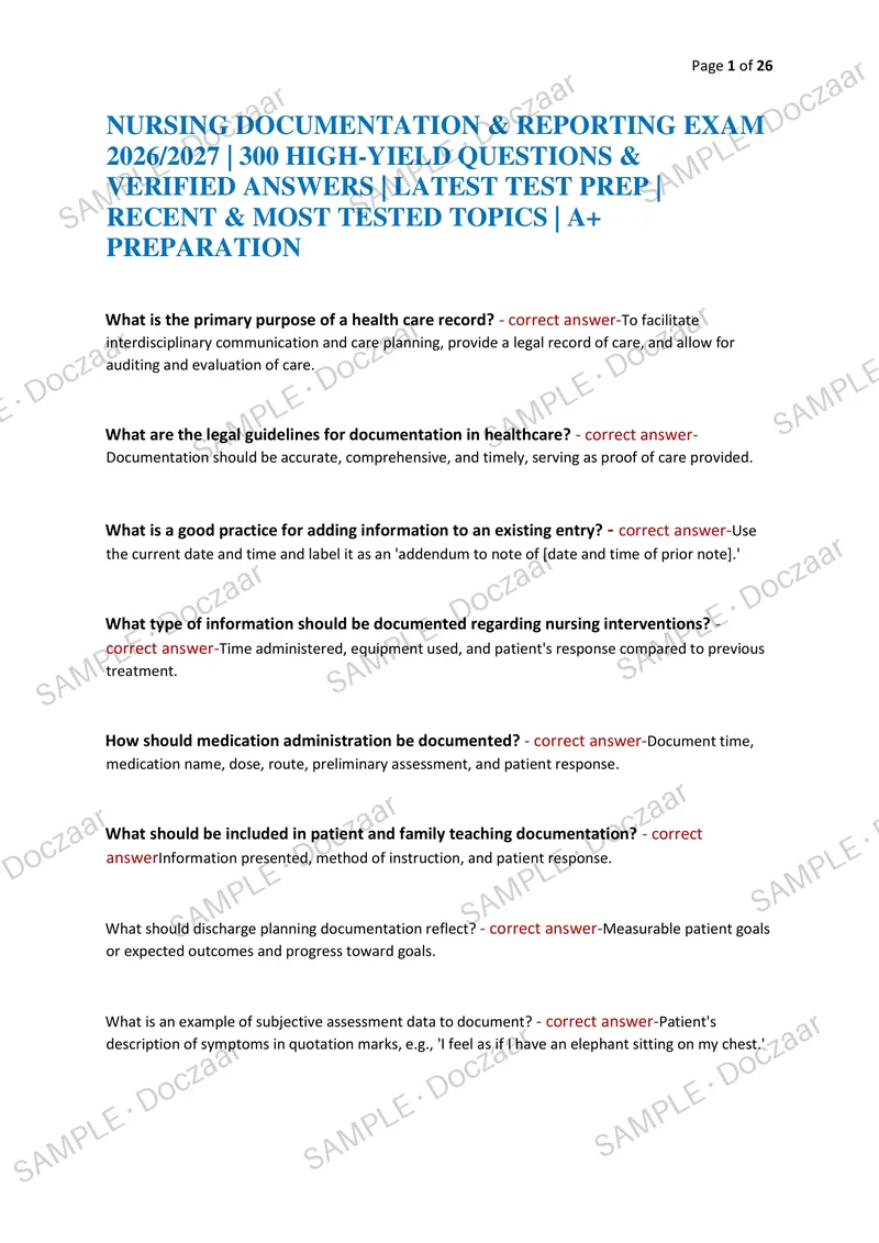 Preview page 1 of NURSING DOCUMENTATION & REPORTING EXAM 2026/2027 | 300 HIGH-YIELD QUESTIONS & VERIFIED ANSWERS | LATEST TEST PREP | RECE