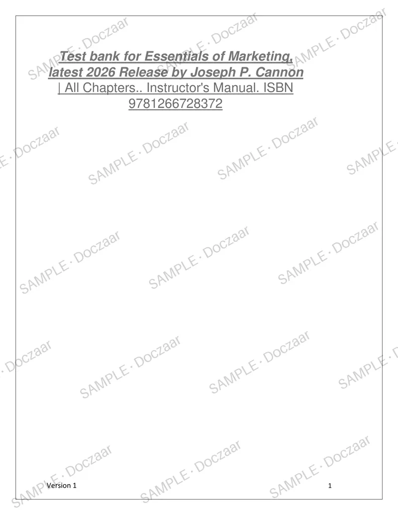 Preview page 1 of Test bank for Essentials of Marketing, latest 2026 Release by Joseph P. Cannon | All Chapters.. Instructor's Manual.