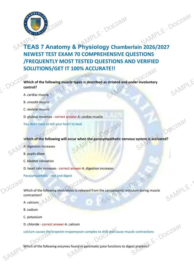 Preview page 1 of TEAS 7 Anatomy & Physiology Chamberlain 2026/2027 NEWEST TEST EXAM 70 COMPREHENSIVE QUESTIONS /FREQUENTLY MOST TESTED