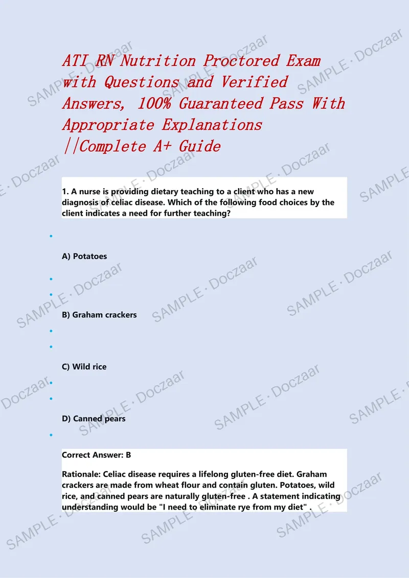 Preview page 1 of ATI RN Nutrition Proctored Exam with Questions and Verified Answers, 100% Guaranteed Pass With Appropriate Explanations