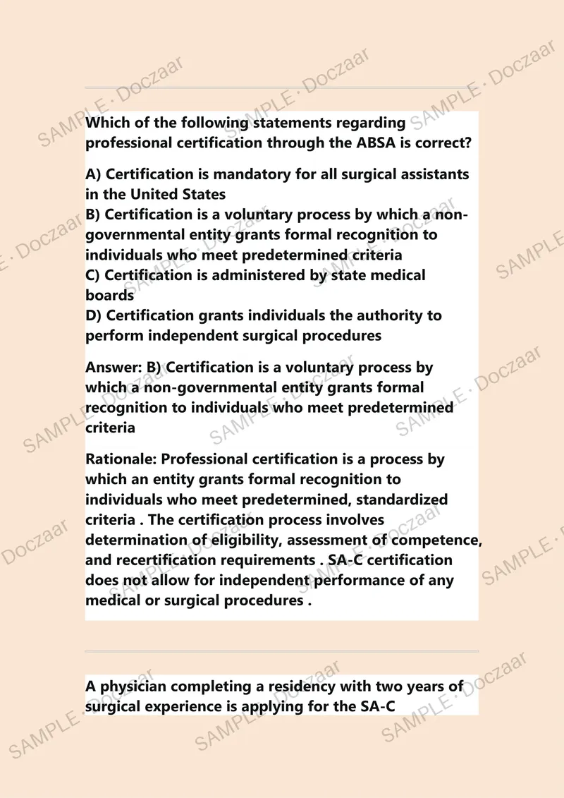 Preview page 3 of ABSA SURGICAL ASSISTANT CERTIFICATION (SA-C) EXAMINATION COMPLETE QUESTIONS AND DETAILED SOLUTIONS LATEST UPDATE THIS YE