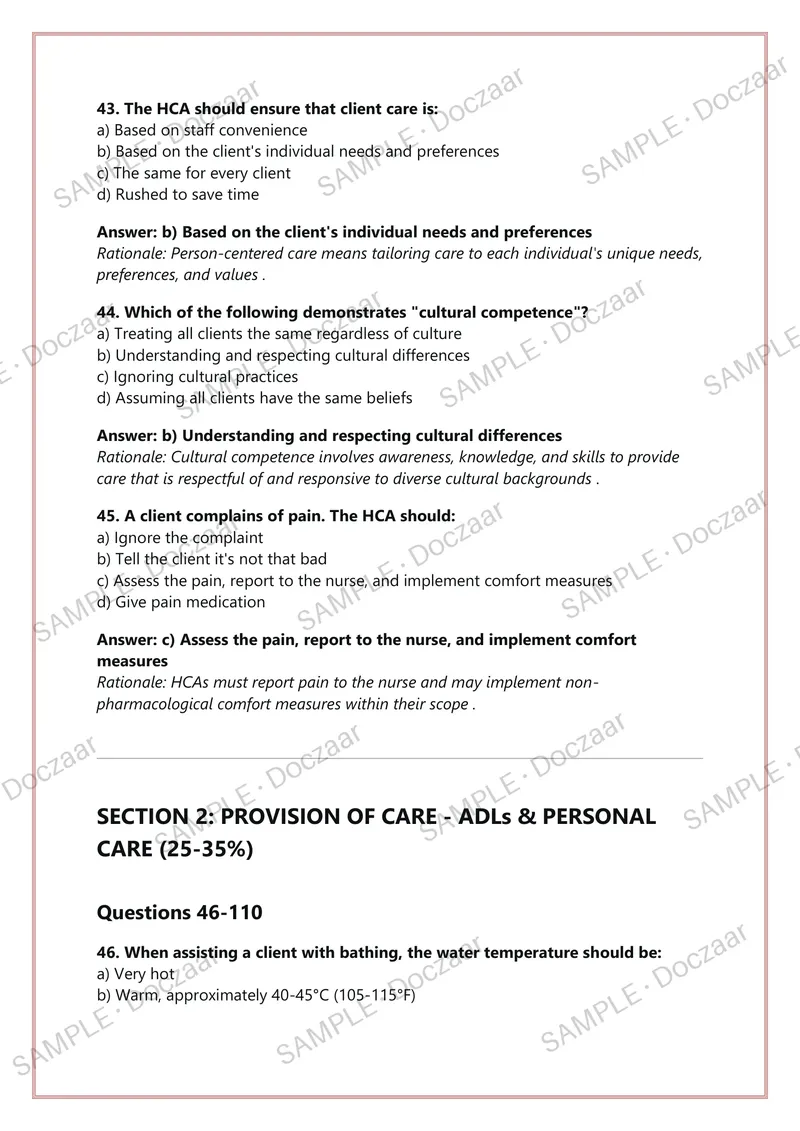 Preview page 11 of ALBERTA HEALTH CARE AIDE PROVINCIAL  EXAM 250 Practice Questions & Detailed  Answers CLHA AHRE | A+ GRADED
