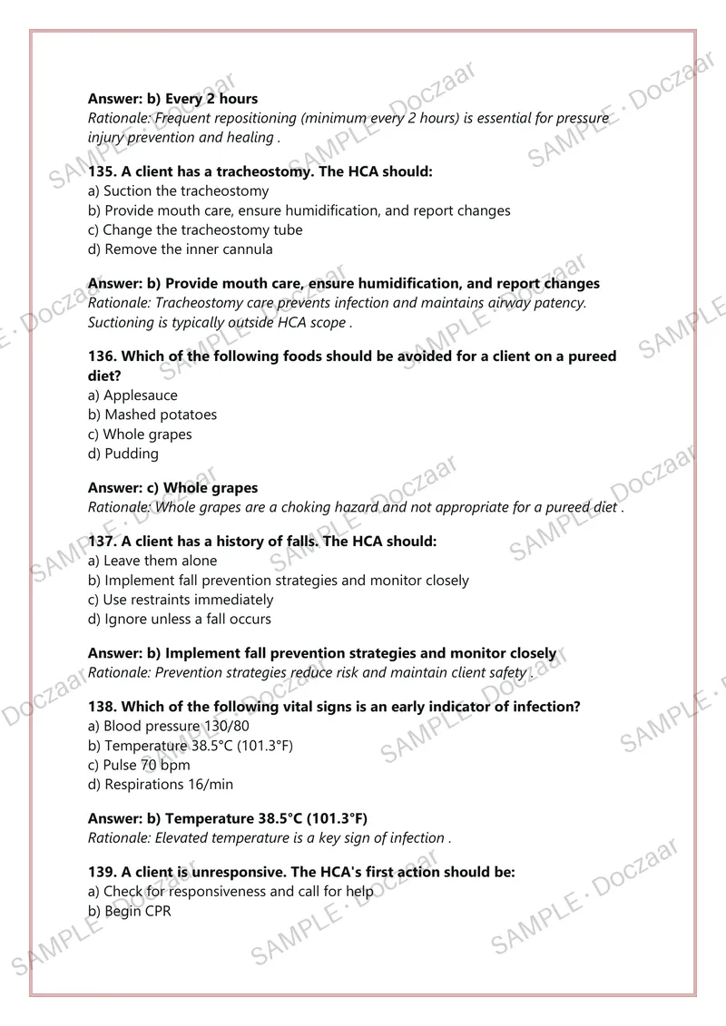 Preview page 32 of ALBERTA HEALTH CARE AIDE PROVINCIAL  EXAM 250 Practice Questions & Detailed  Answers CLHA AHRE | A+ GRADED
