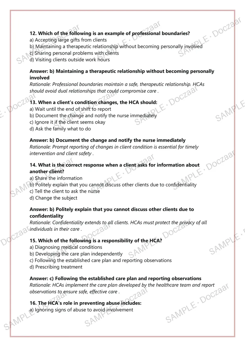 Preview page 4 of ALBERTA HEALTH CARE AIDE PROVINCIAL  EXAM 250 Practice Questions & Detailed  Answers CLHA AHRE | A+ GRADED