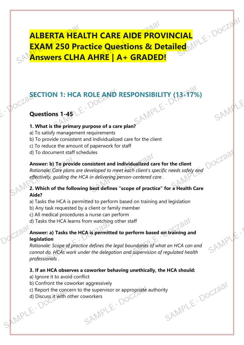 Preview page 1 of ALBERTA HEALTH CARE AIDE PROVINCIAL  EXAM 250 Practice Questions & Detailed  Answers CLHA AHRE | A+ GRADED