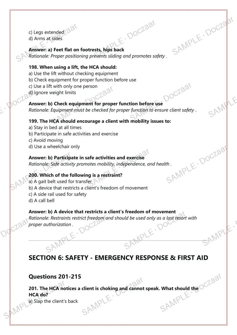 Preview page 46 of ALBERTA HEALTH CARE AIDE PROVINCIAL  EXAM 250 Practice Questions & Detailed  Answers CLHA AHRE | A+ GRADED