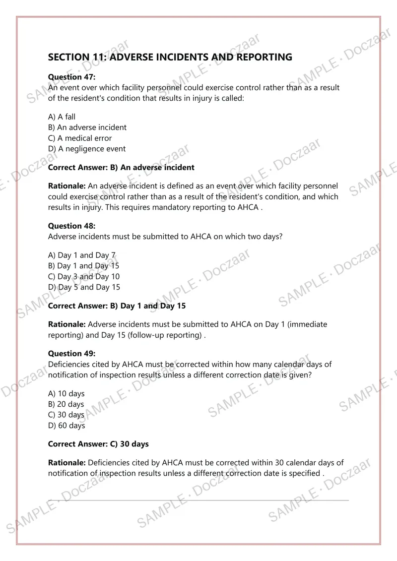 Preview page 17 of ALF CORE TRAINING FLORIDA EXAM 2026/2027  ASSISTED LIVING FACILITY ADMINISTRATOR  CERTIFICATION – FLORIDA AHCA | 200 VER