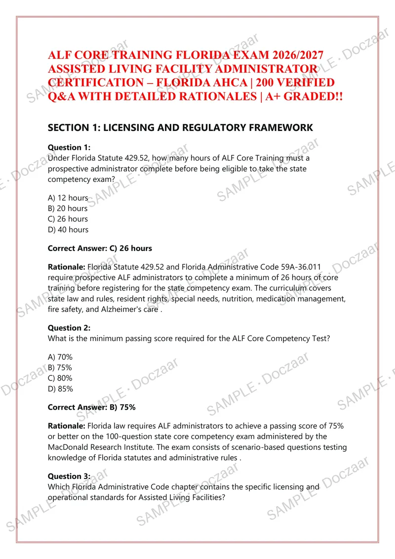 Preview page 1 of ALF CORE TRAINING FLORIDA EXAM 2026/2027  ASSISTED LIVING FACILITY ADMINISTRATOR  CERTIFICATION – FLORIDA AHCA | 200 VER