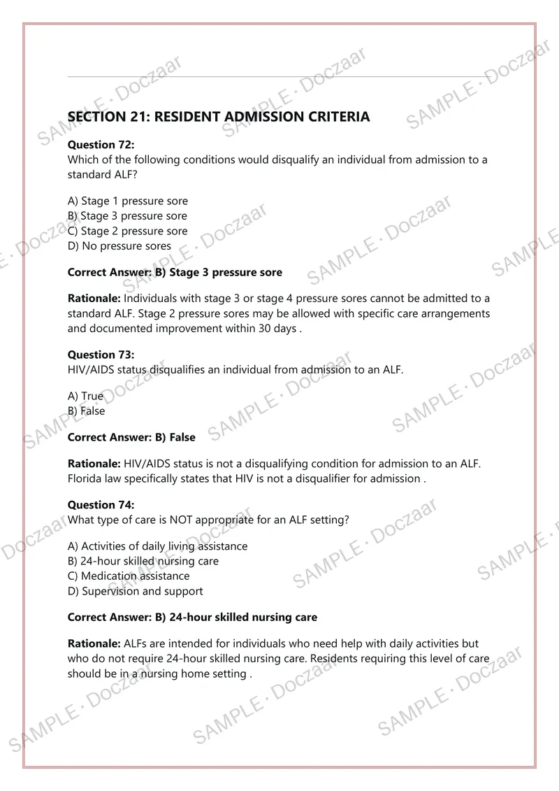 Preview page 26 of ALF CORE TRAINING FLORIDA EXAM 2026/2027  ASSISTED LIVING FACILITY ADMINISTRATOR  CERTIFICATION – FLORIDA AHCA | 200 VER