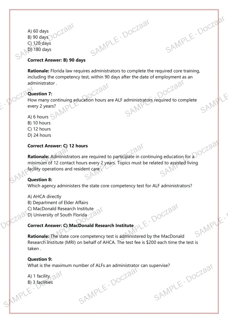 Preview page 3 of ALF CORE TRAINING FLORIDA EXAM 2026/2027  ASSISTED LIVING FACILITY ADMINISTRATOR  CERTIFICATION – FLORIDA AHCA | 200 VER