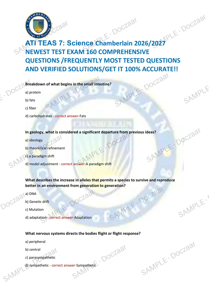 Preview page 1 of ATI TEAS 7: Science Chamberlain 2026/2027 NEWEST TEST EXAM 160 COMPREHENSIVE QUESTIONS /FREQUENTLY MOST TESTED QUESTIO