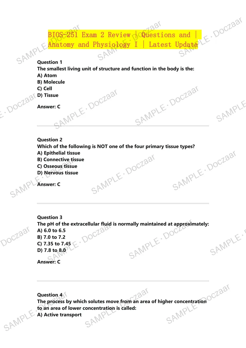 Preview page 1 of BIOS-251 Exam 2 Review | Questions and | Anatomy and Physiology I | Latest Update