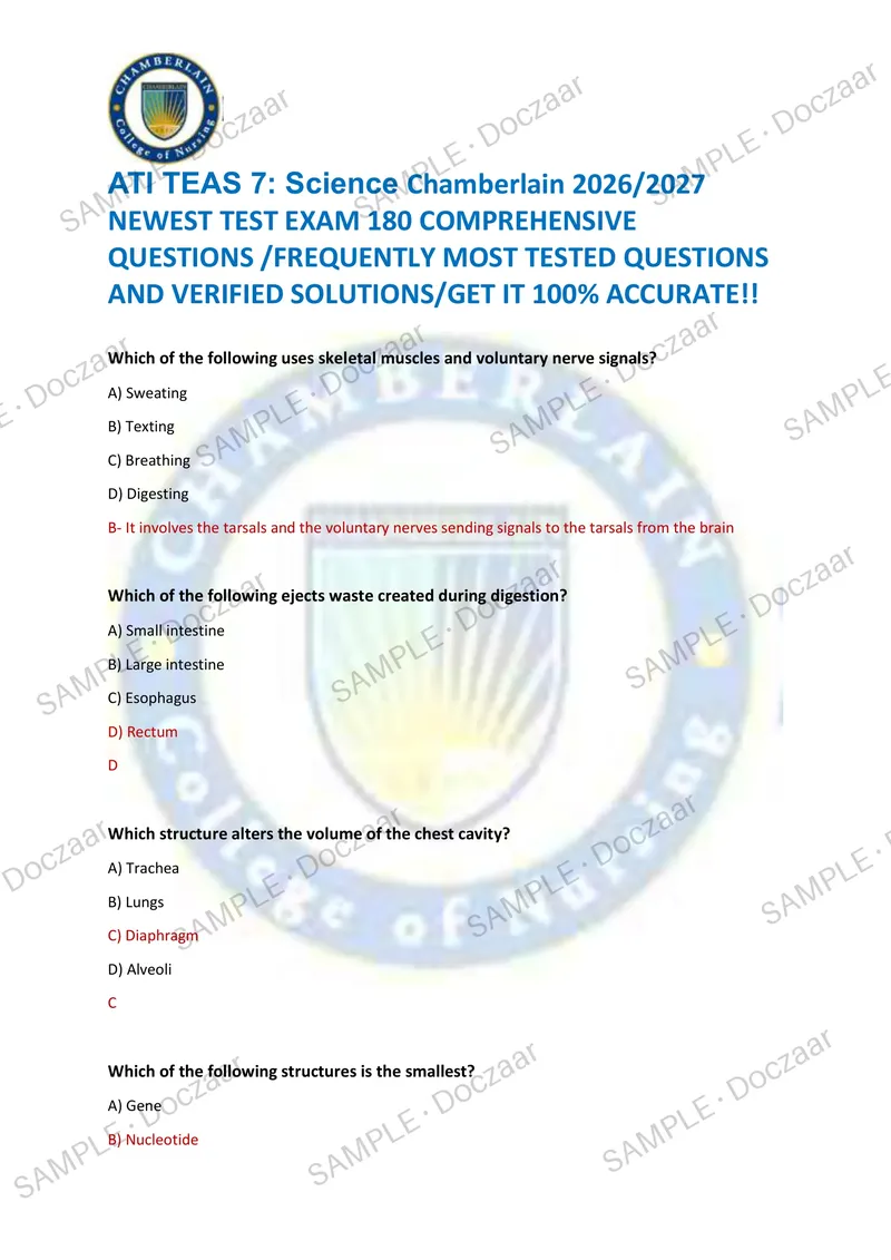 Preview page 1 of ATI TEAS 7: Science Chamberlain 2026/2027 NEWEST TEST EXAM 180 COMPREHENSIVE QUESTIONS /FREQUENTLY MOST TESTED QUESTIO