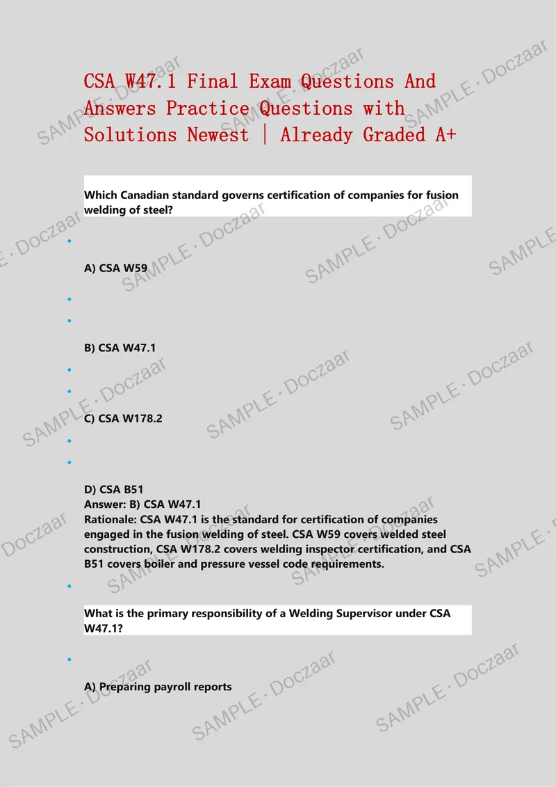 Preview page 1 of CSA W47.1 Final Exam Questions And Answers Practice Questions with Solutions Newest | Already Graded A+
