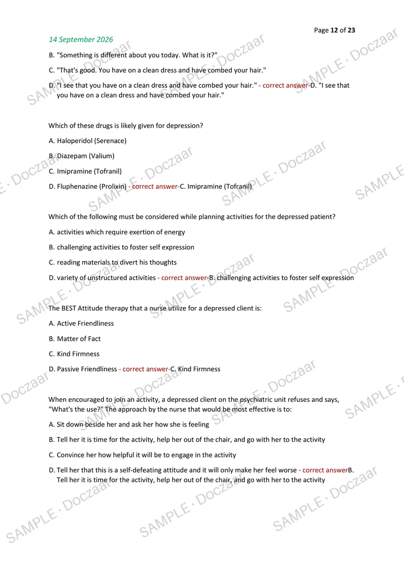 Preview page 12 of PSYCHIATRIC NURSING NEWEST 2026/2027 ACTUAL EXAM 100  QUESTIONS AND CORRECT (VERIFIED ANSWERS) COVERING RECENT  AND MOST