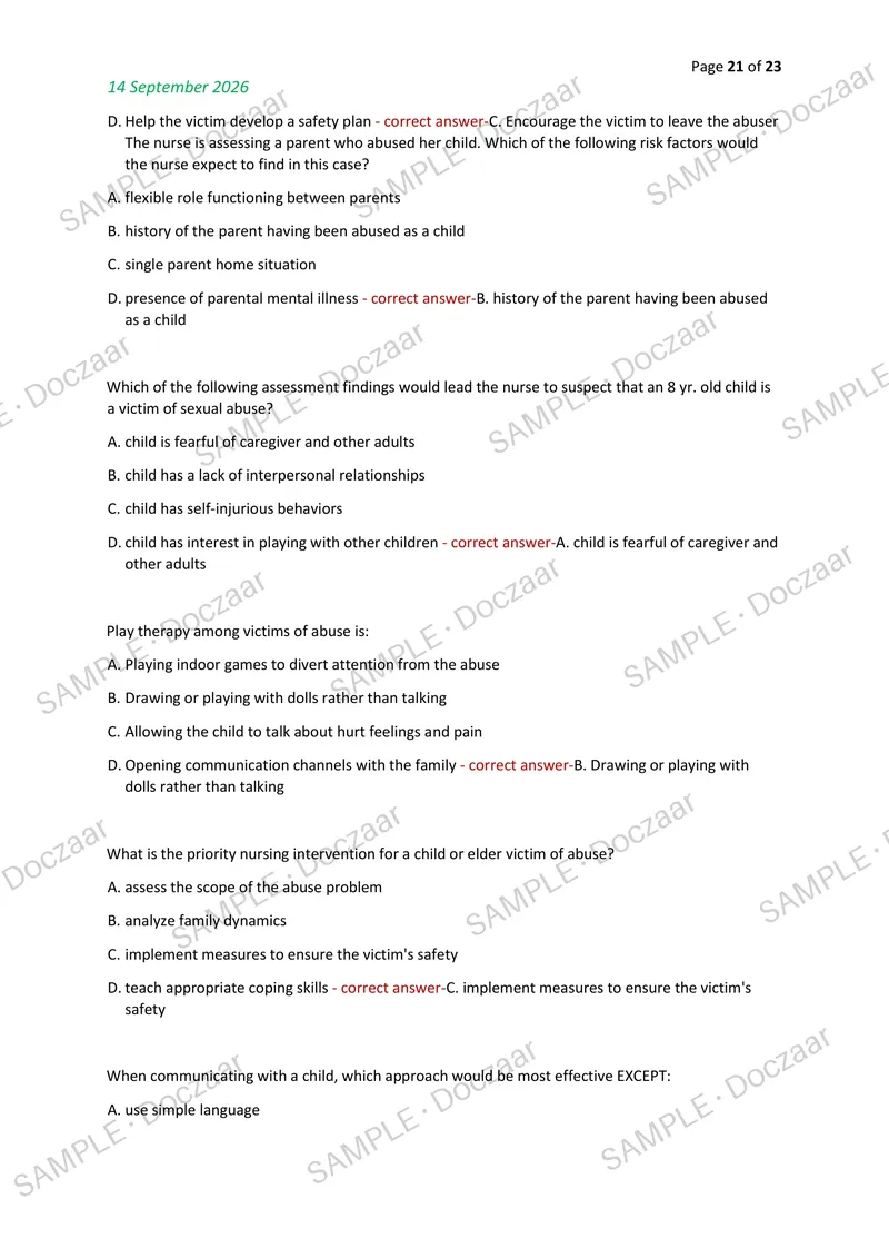 Preview page 21 of PSYCHIATRIC NURSING NEWEST 2026/2027 ACTUAL EXAM 100  QUESTIONS AND CORRECT (VERIFIED ANSWERS) COVERING RECENT  AND MOST