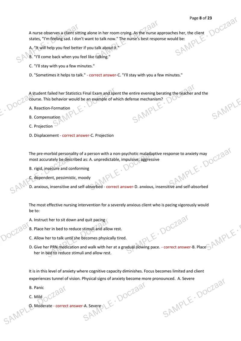 Preview page 8 of PSYCHIATRIC NURSING NEWEST 2026/2027 ACTUAL EXAM 100  QUESTIONS AND CORRECT (VERIFIED ANSWERS) COVERING RECENT  AND MOST