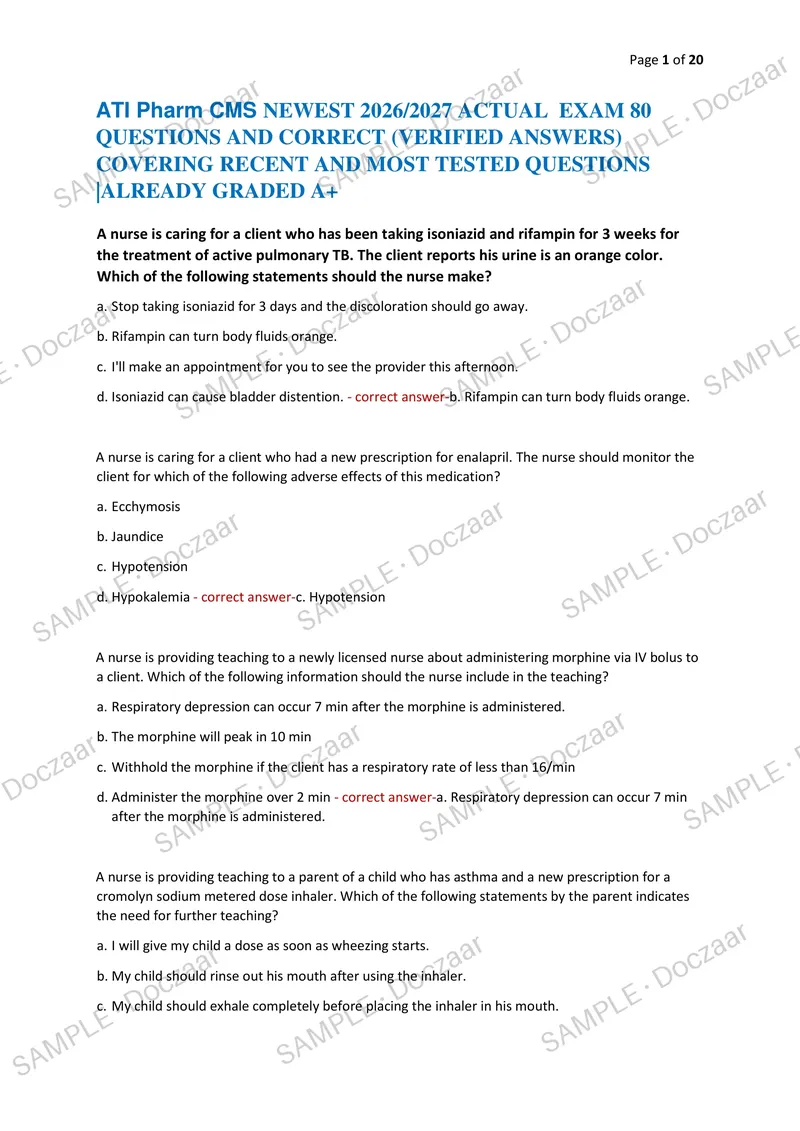 Preview page 1 of ATI Pharm CMS NEWEST 2026/2027 ACTUAL EXAM 80 QUESTIONS AND CORRECT (VERIFIED ANSWERS) COVERING RECENT AND MOST TESTE