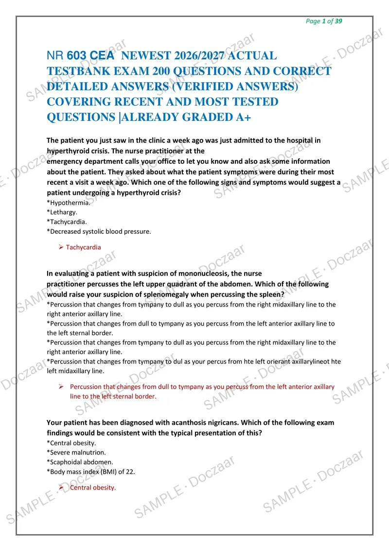 Preview page 1 of NR 603 CEA NEWEST 2026/2027 ACTUAL TESTBANK EXAM 200 QUESTIONS AND CORRECT DETAILED ANSWERS (VERIFIED ANSWERS) COVER