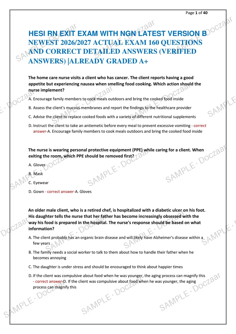 Preview page 1 of HESI RN EXIT EXAM WITH NGN LATEST VERSION B   NEWEST 2026/2027 ACTUAL EXAM 160 QUESTIONS  AND CORRECT DETAILED ANSWERS (