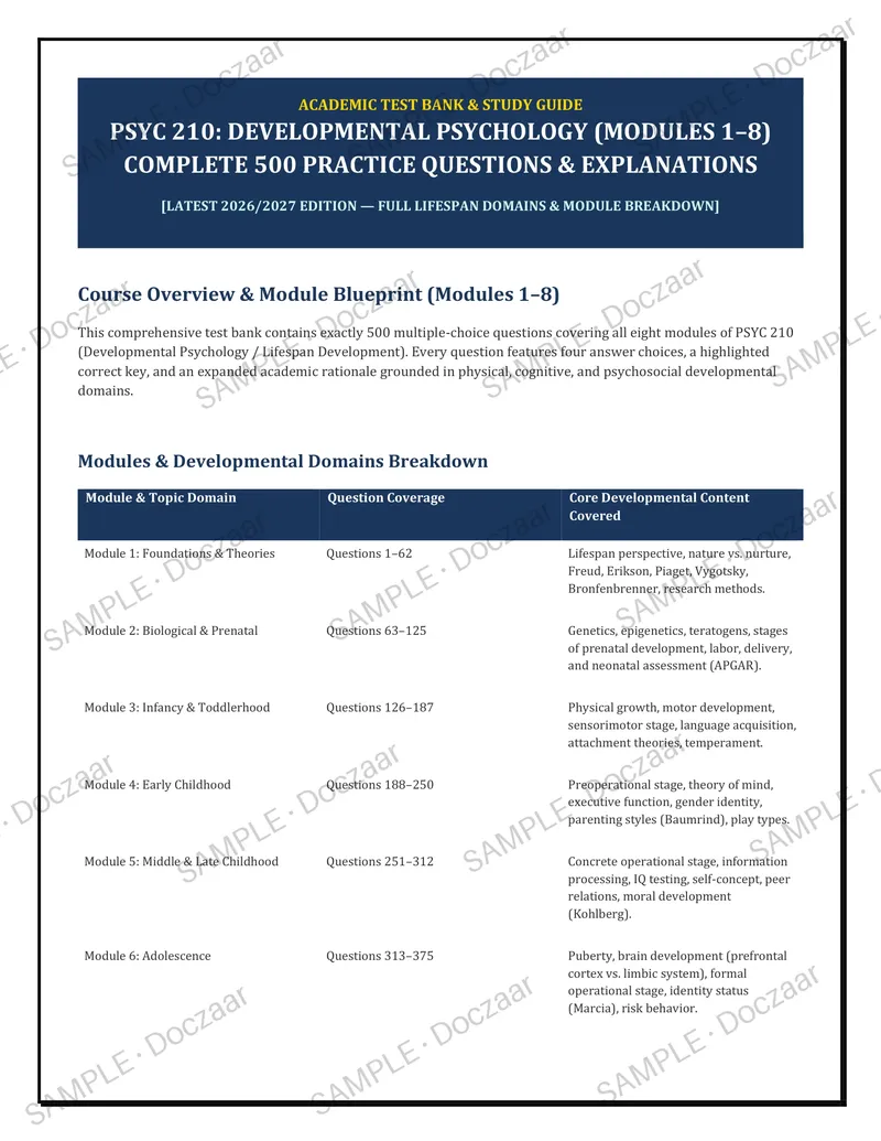Preview page 1 of PSYC 210: DEVELOPMENTAL PSYCHOLOGY (MODULES 1–8)  COMPLETE 500 PRACTICE QUESTIONS & EXPLANATIONS  [LATEST 2026/2027 EDIT