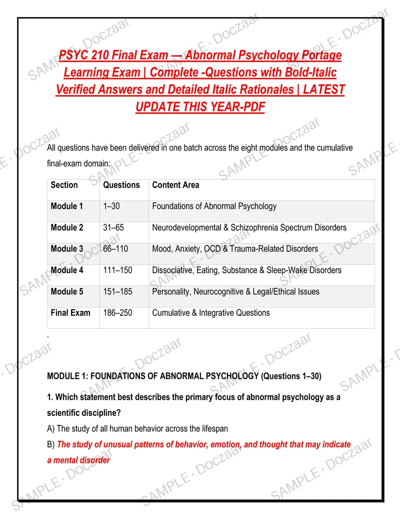 Preview page 1 of PSYC 210 Final Exam — Abnormal Psychology Portage  Learning Exam | Complete -Questions with Bold-Italic  Verified Answer