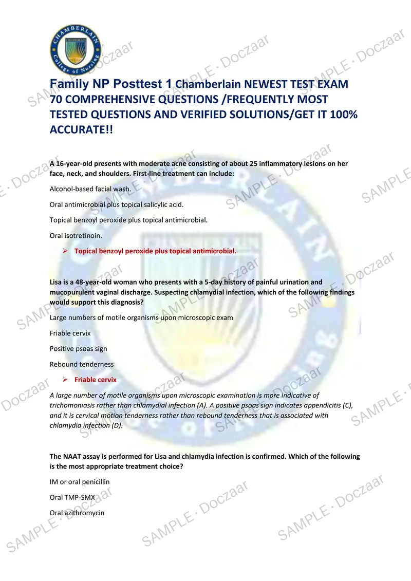 Preview page 1 of Family NP Posttest 1 Chamberlain NEWEST TEST EXAM 70 COMPREHENSIVE QUESTIONS /FREQUENTLY MOST TESTED QUESTIONS AND VER