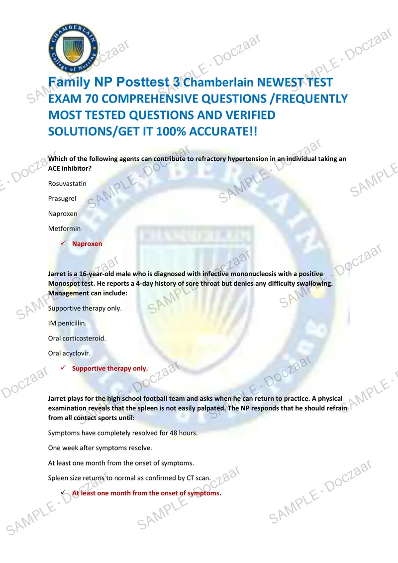 Preview page 1 of Family NP Posttest 3 Chamberlain NEWEST TEST EXAM 70 COMPREHENSIVE QUESTIONS /FREQUENTLY MOST TESTED QUESTIONS AND VER