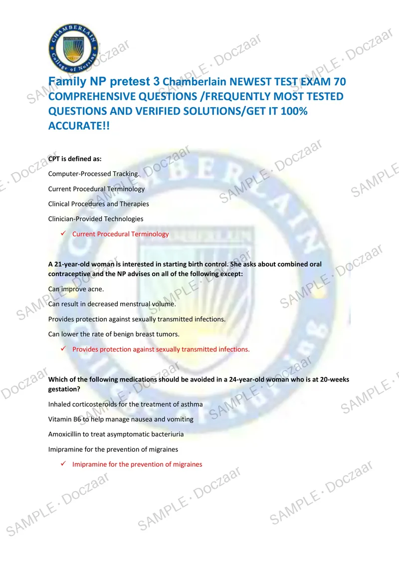 Preview page 1 of Family NP pretest 3 Chamberlain NEWEST TEST EXAM 70  COMPREHENSIVE QUESTIONS /FREQUENTLY MOST TESTED  QUESTIONS AND VERI