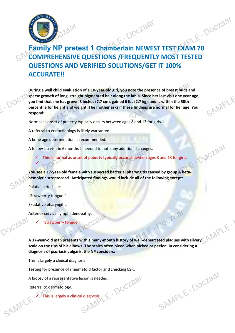 Preview page 1 of Family NP pretest 1 Chamberlain NEWEST TEST EXAM 70  COMPREHENSIVE QUESTIONS /FREQUENTLY MOST TESTED  QUESTIONS AND VERI
