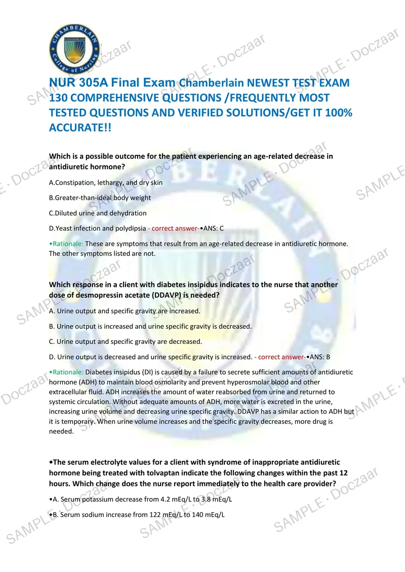 Preview page 1 of NUR 305A Final Exam Chamberlain NEWEST TEST EXAM 130 COMPREHENSIVE QUESTIONS /FREQUENTLY MOST TESTED QUESTIONS AND VER