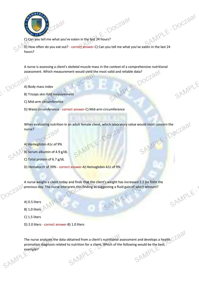 Preview page 12 of Health Assessment Exam2 TestBank Chamberlain NEWEST TEST EXAM 250 COMPREHENSIVE QUESTIONS /FREQUENTLY MOST TESTED QUES