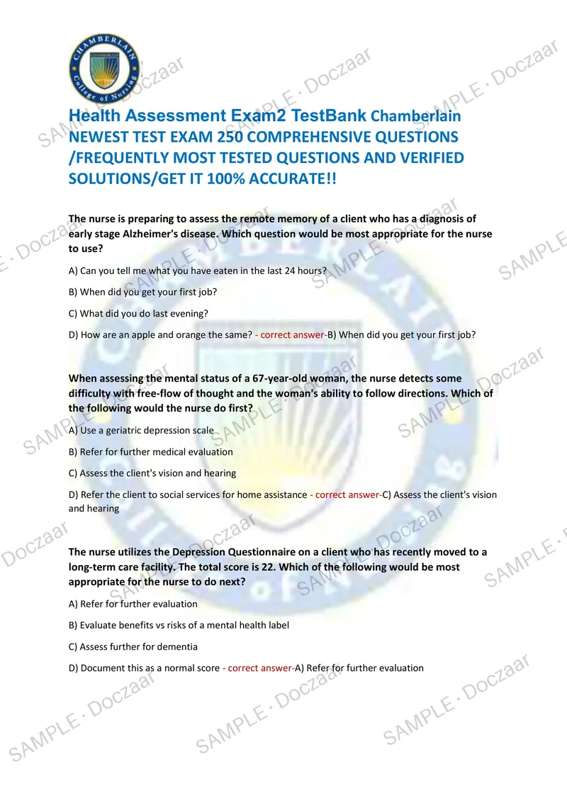 Preview page 1 of Health Assessment Exam2 TestBank Chamberlain NEWEST TEST EXAM 250 COMPREHENSIVE QUESTIONS /FREQUENTLY MOST TESTED QUES