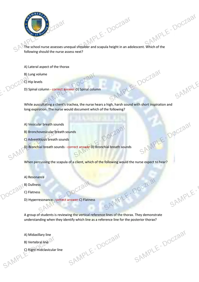 Preview page 22 of Health Assessment Exam2 TestBank Chamberlain NEWEST TEST EXAM 250 COMPREHENSIVE QUESTIONS /FREQUENTLY MOST TESTED QUES