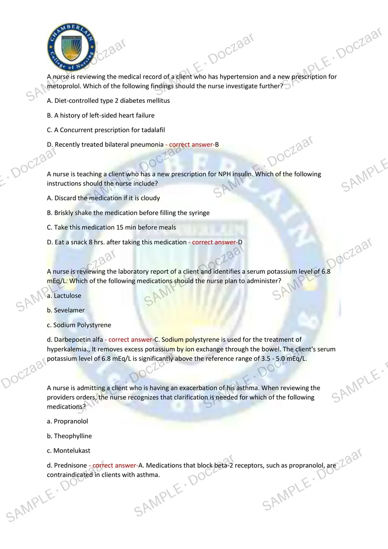 Preview page 15 of ATI PHARMACOLOGY Chamberlain NEWEST TEST EXAM 100 COMPREHENSIVE QUESTIONS /FREQUENTLY MOST TESTED QUESTIONS AND VERI